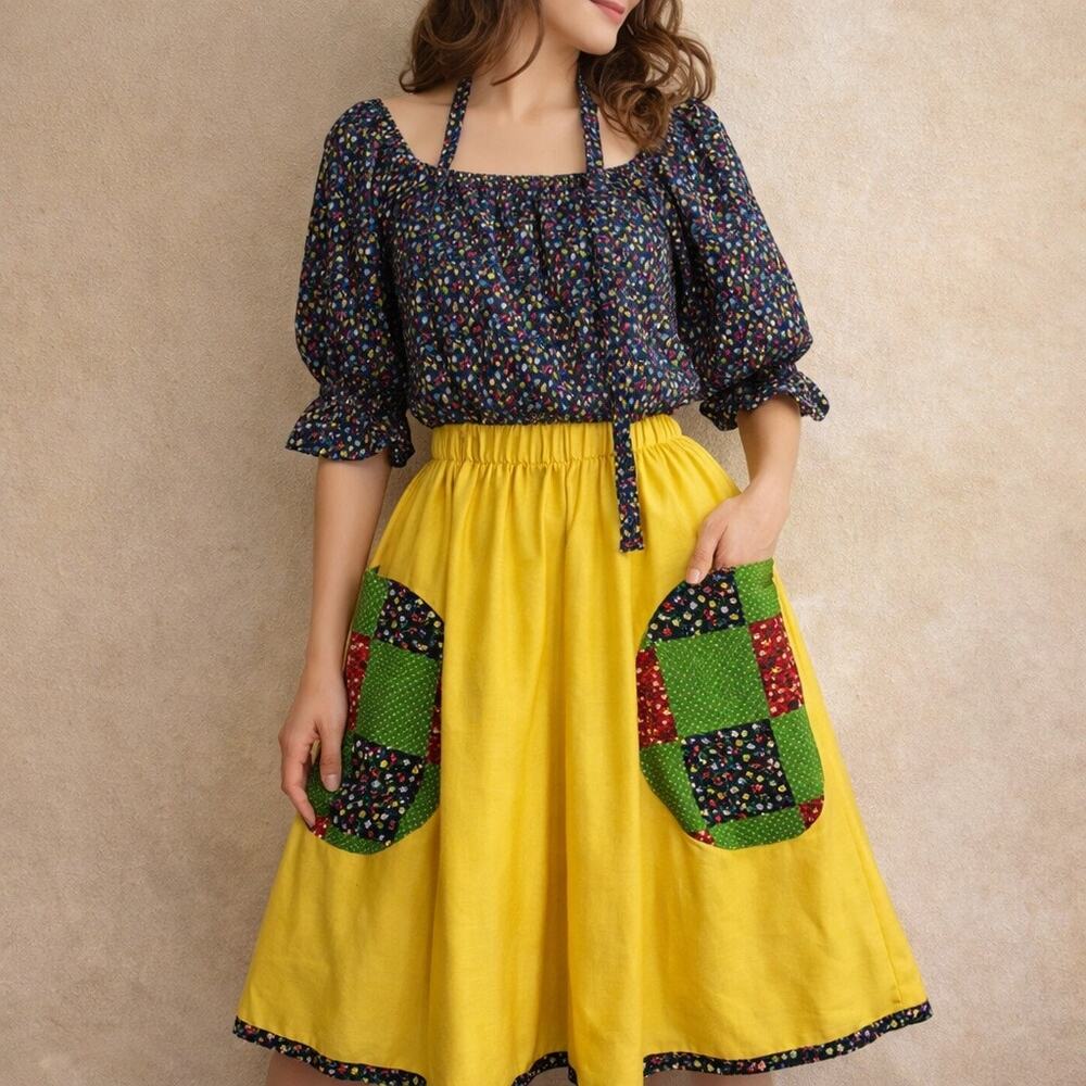 Mr Hank Blue Yellow Floral Patchwork Prairie 2 Piece Vintage Skirt Set Sz 12